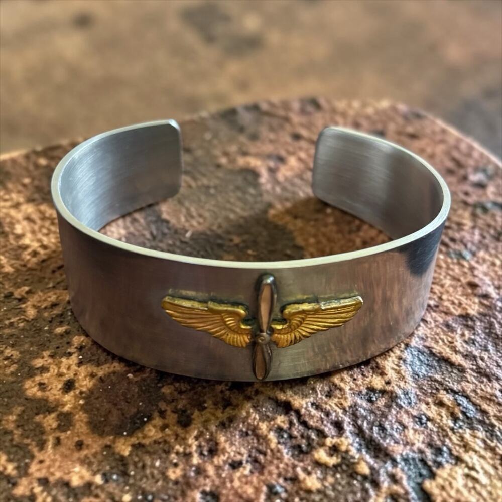 Vintage Aviator Wing Cuff Bracelet Brushed Silver Tone Pilot Military Style